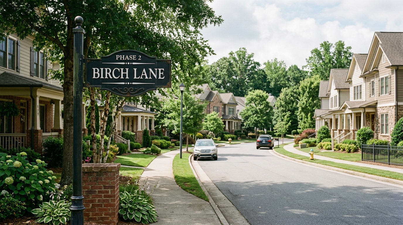 A cast-iron street marker reading Phase 2, Birch Lane, at the entrance to a townhome street