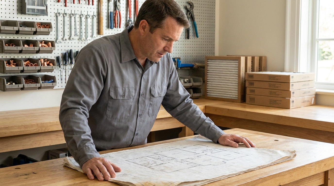 A maintenance professional reviewing a building floor plan on a workbench in a community maintenance workshop