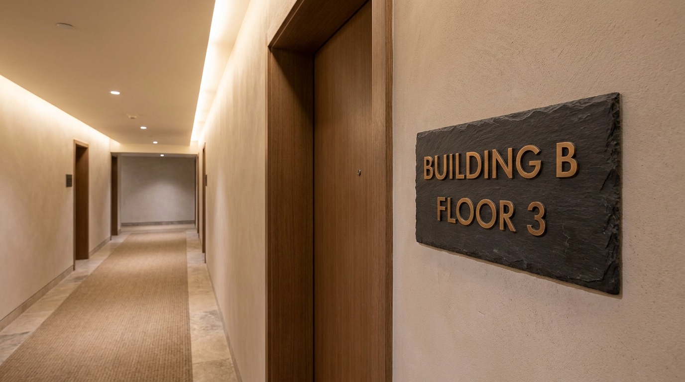 A slate wayfinding plaque reading Building B, Floor 3, beside a door in an apartment corridor
