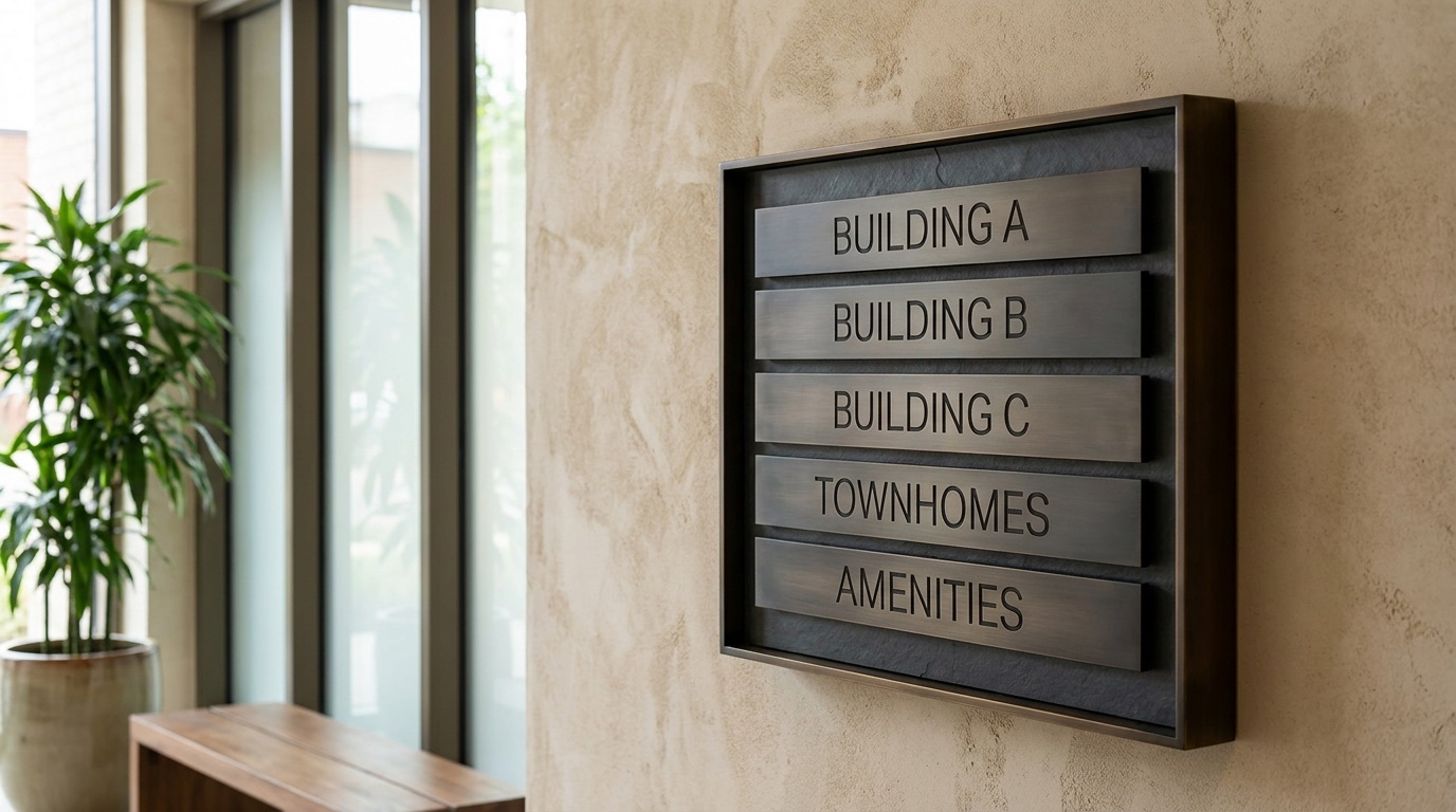 A bronze and slate directory board in a residential lobby listing Building A, Building B, Building C, Townhomes and Amenities